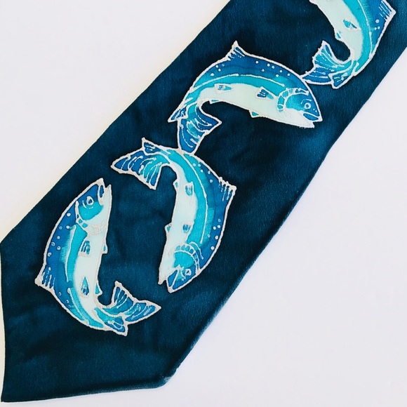 Vintage 60’s Hand Painted Signed Designer Silk Necktie Blue Silver Salmon EUC - Picture 3 of 11
